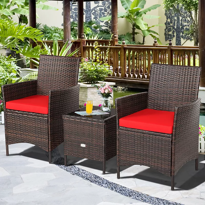 3 Pieces Patio Rattan Furniture Set Cushioned Sofa and Glass Tabletop Deck