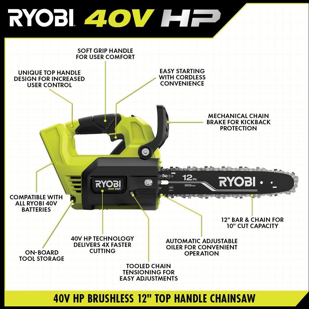 RYOBI 40V HP Brushless 12 in. Top Handle Battery Chainsaw (Tool Only) RY40509BTL