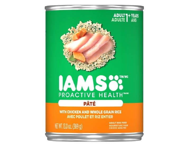 Iams Proactive Health Adult Pate with Chicken and Whole Grain Rice Canned Dog Food， 13 oz.