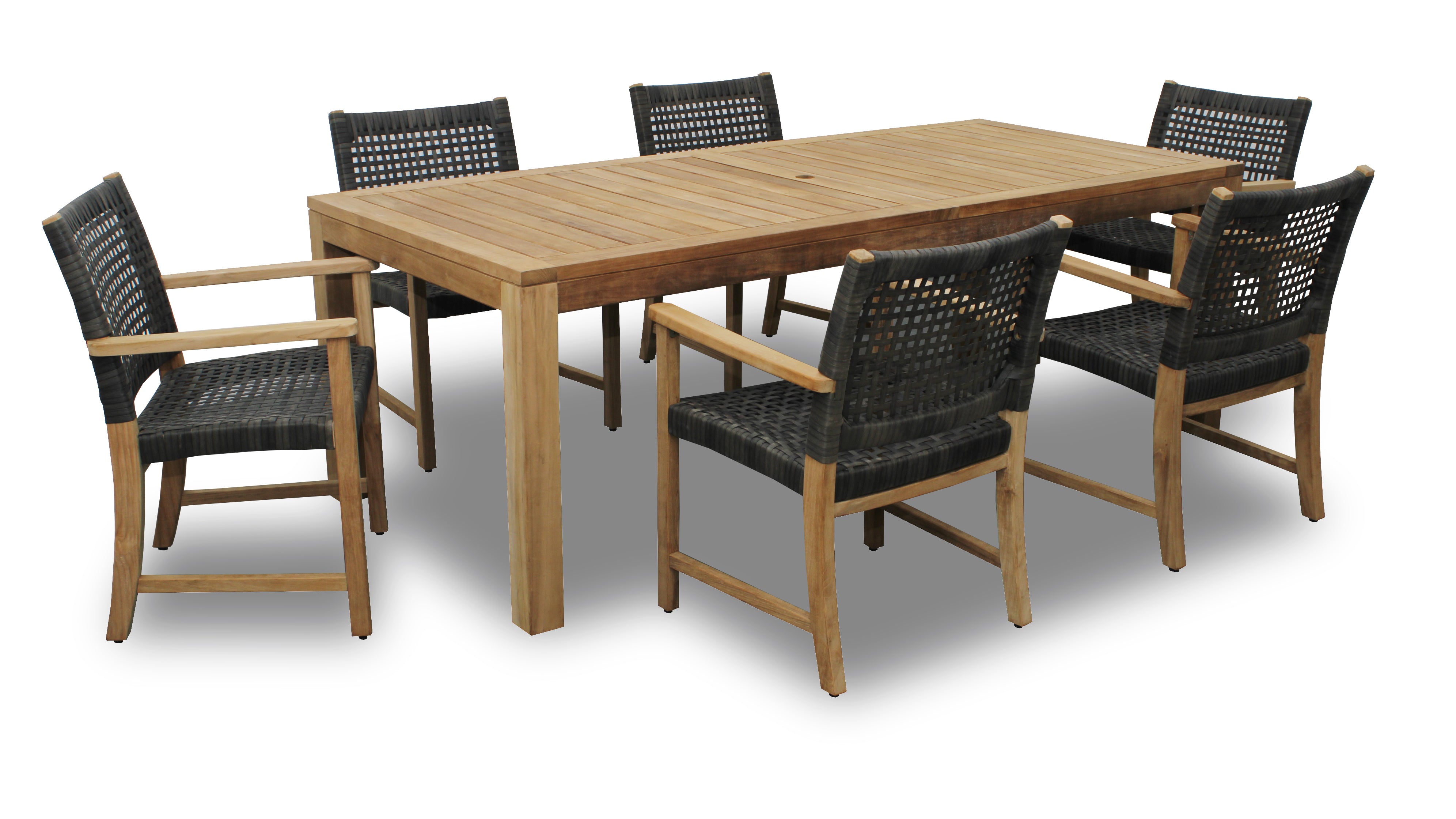 Katana Teak 7pc Outdoor Dining Set (Teak 86 Rectangular Table with 6 Woven Sanur Armchairs)