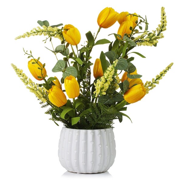 Enova Home Artificial Mixed Silk Tulips Fake Flowers in White Ceramic Pot for Home Office Wedding Decoration