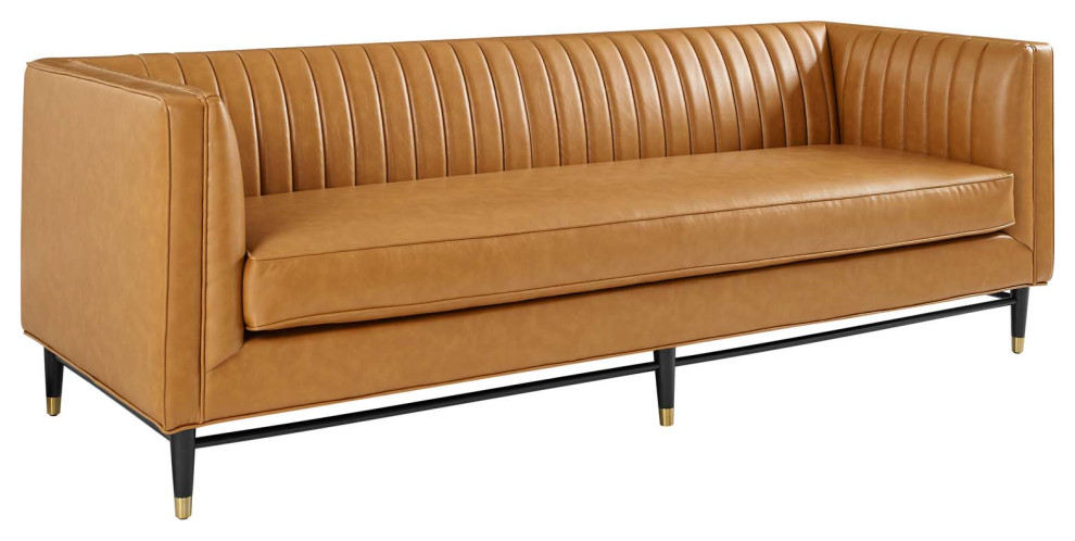 Devote Channel Tufted Vegan Leather Sofa  Tan   Midcentury   Sofas   by PARMA HOME  Houzz