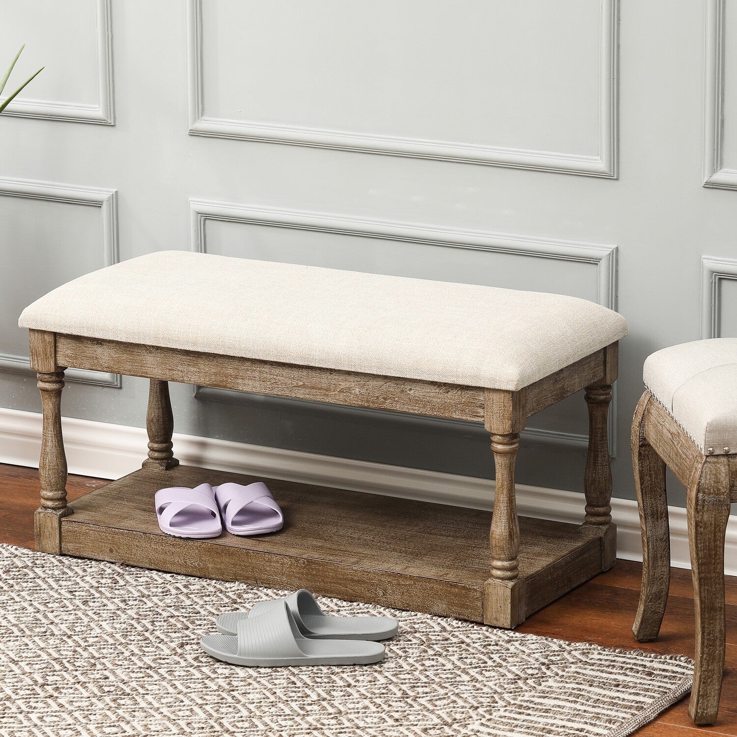 Luxen Home Upholstered Beige Linen Entryway and Bedroom Bench