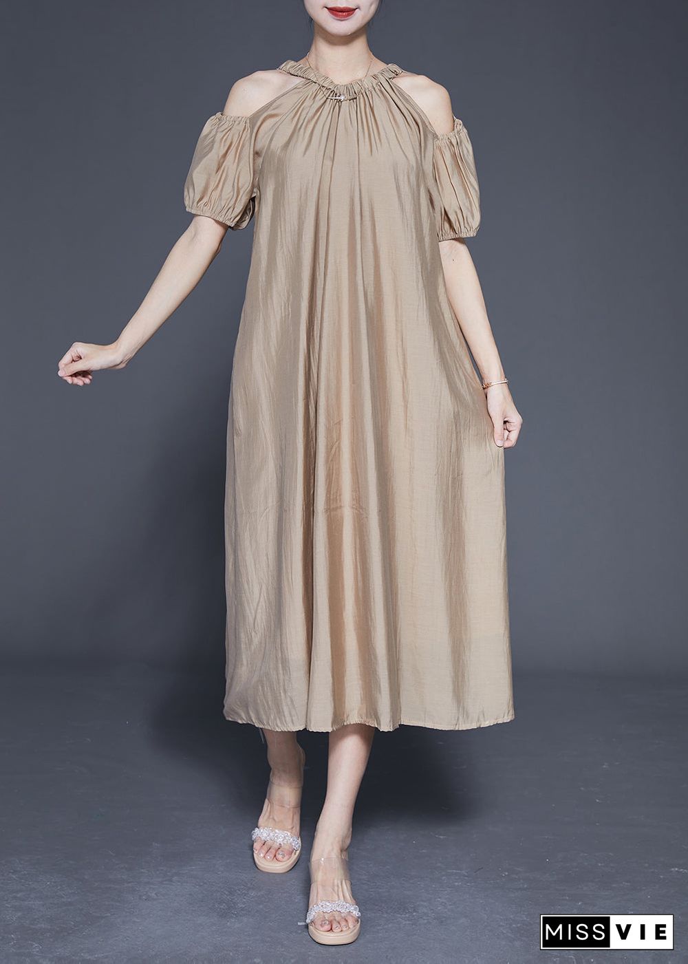 Khaki Cold Shoulder Silk Party Dress Oversized Summer