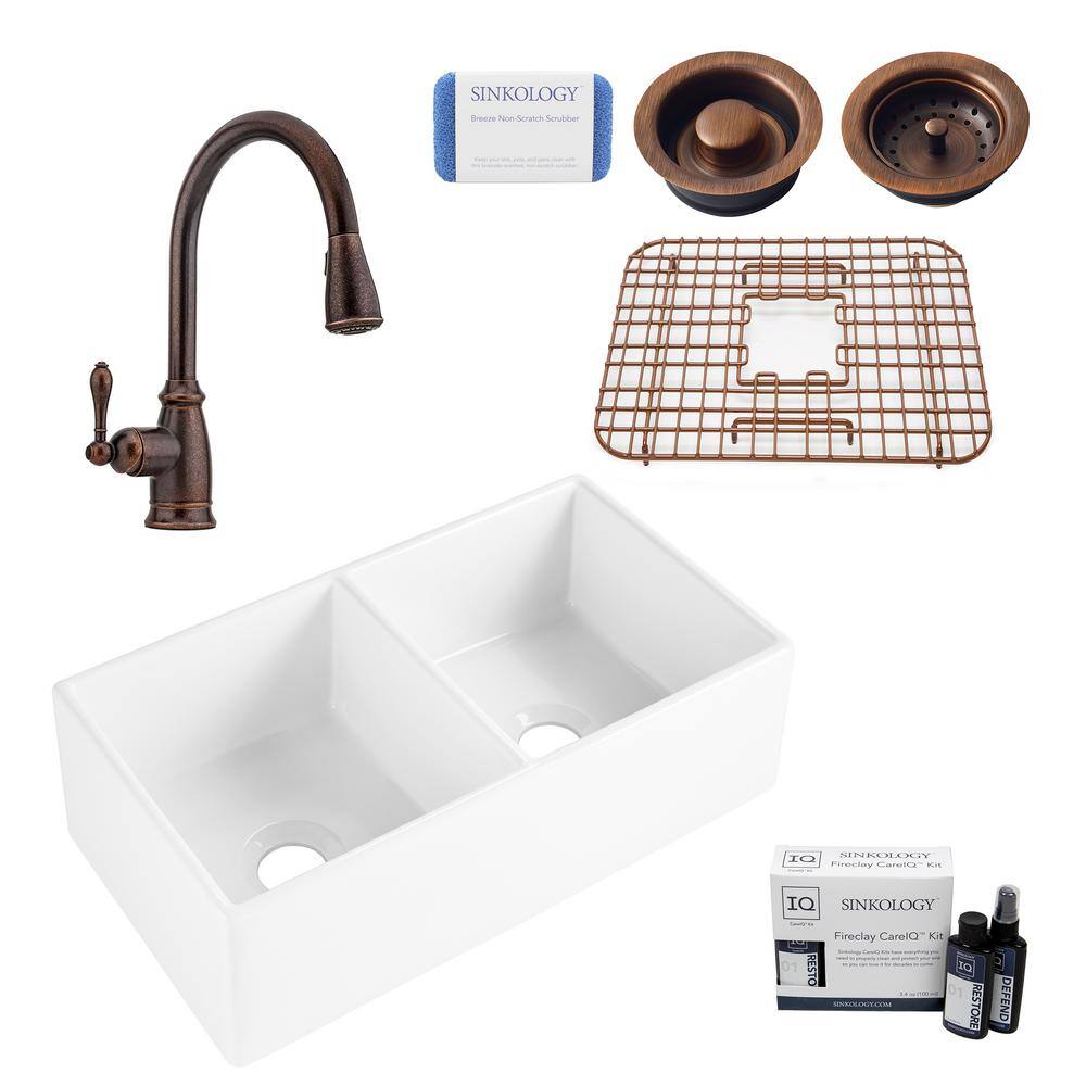 SINKOLOGY Brooks II All-in-One FarmhouseApron Fireclay 33 in. 5050 Double Bowl Kitchen Sink with Pfister Faucet and Drains SK496-33-F52BD