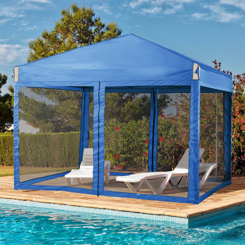 Aoodor 10 ft. x 10 ft. Pop Up Canopy Tent with Removable Mesh Sidewallwith Roller Bag-Blue 800-152-BL-N