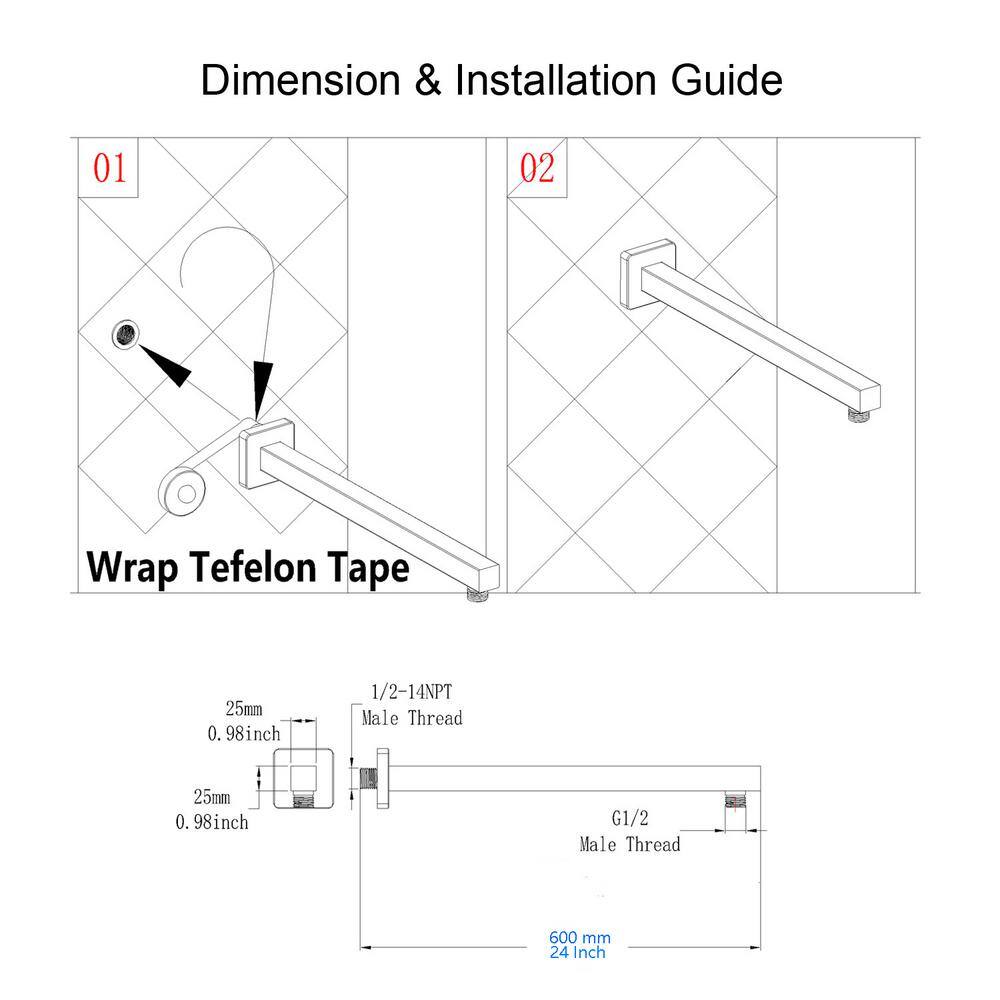 RAINLEX 24 in. 600 mm Square Wall Mount Shower Arm and Flange in Brushed Nickel L1BN-600