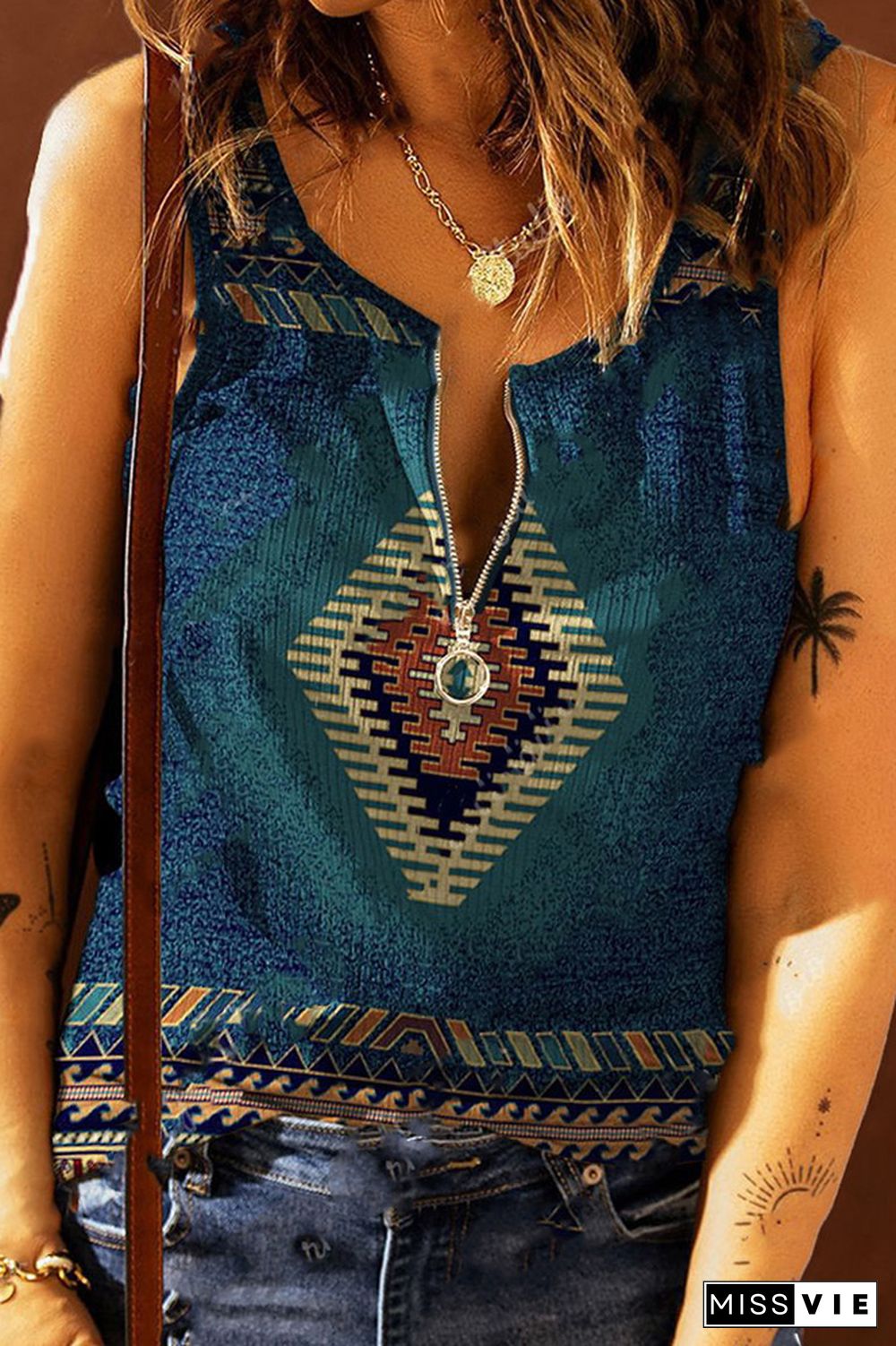 Dark Blue Zipper Down Western Geometric Print Tank Top