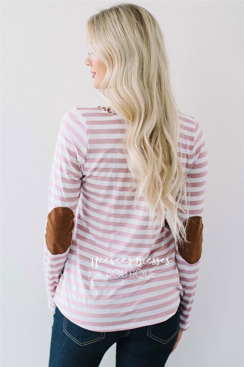 Pink Stripes & Floral Elbow Patch Top