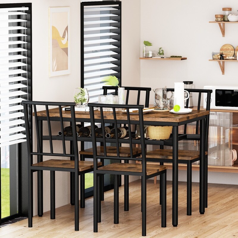 Modern Industrial Dining Table Set for 4  5 Piece Wood Kitchen Table and Chairs  Dining Room Table Set with Storage Rack