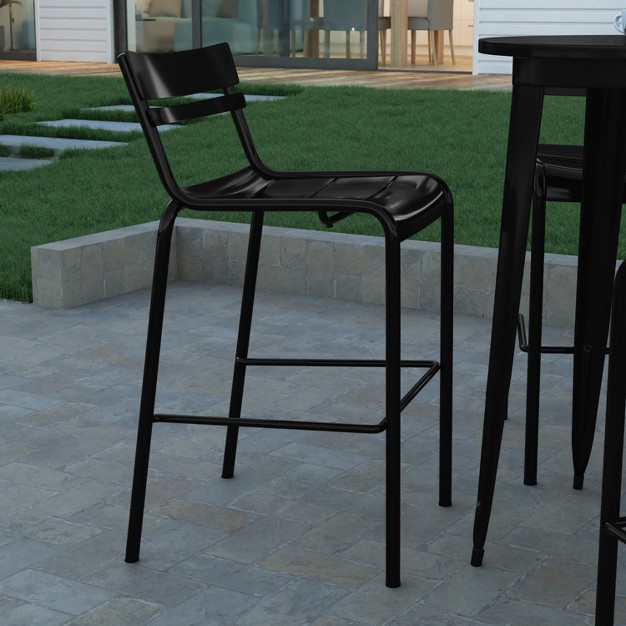 Emma And Oliver Armless Powder Coated Steel Stool With 2 Slat Back For Indoor outdoor Use