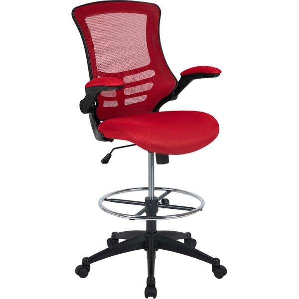 Kelista Mid-Back Red Mesh Ergonomic Drafting Chair with Adjustable Foot Ring and Flip-Up Arms