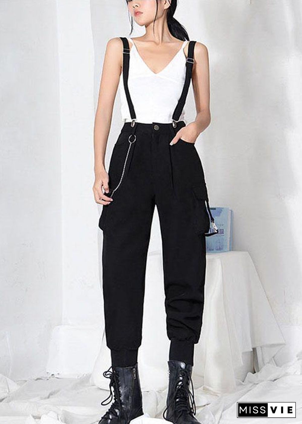 Art Black High Waist Pockets Carpenter Pants