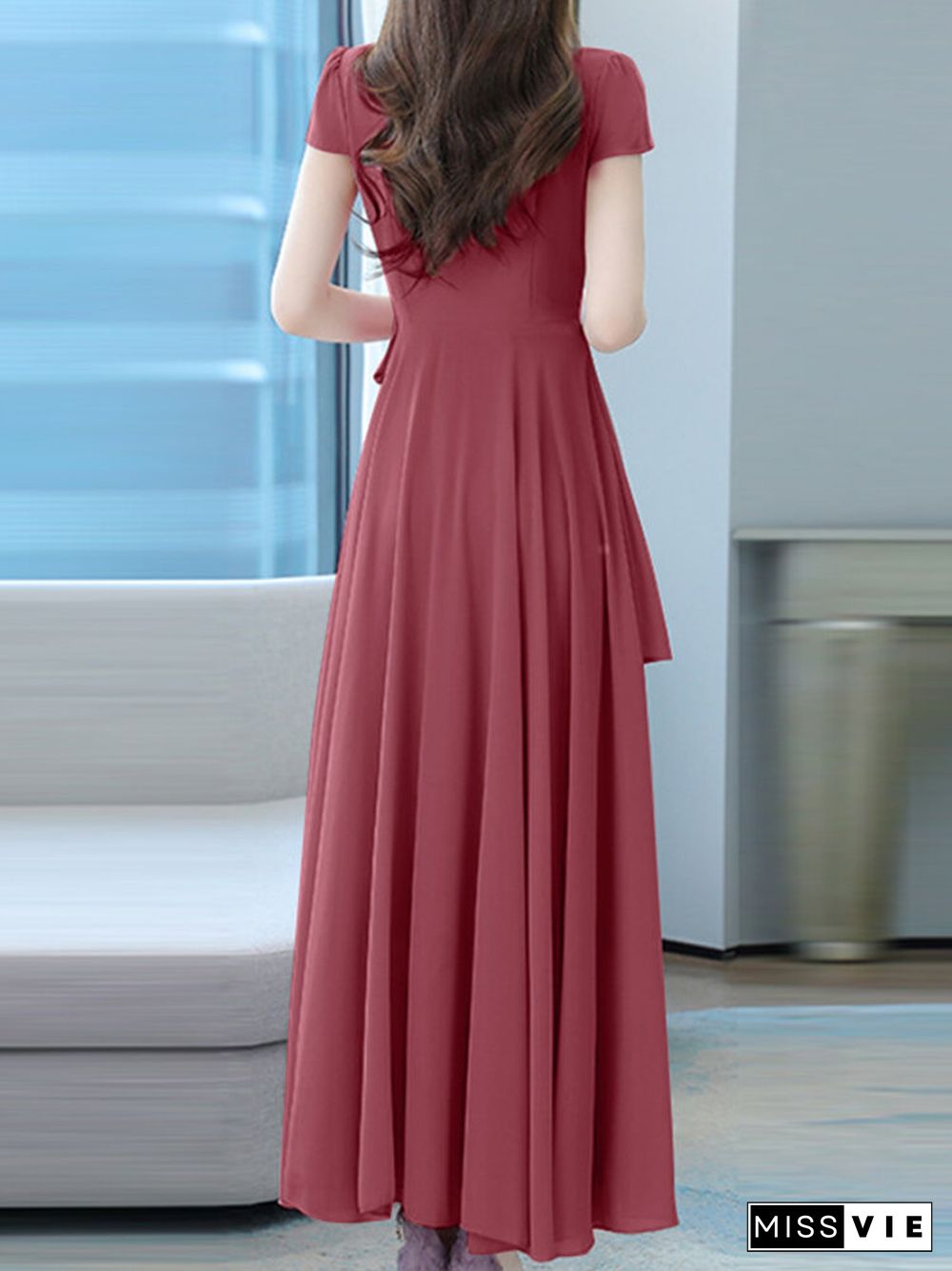 Solid Asymmetrical Swing Short Sleeve Maxi Dress With Belt