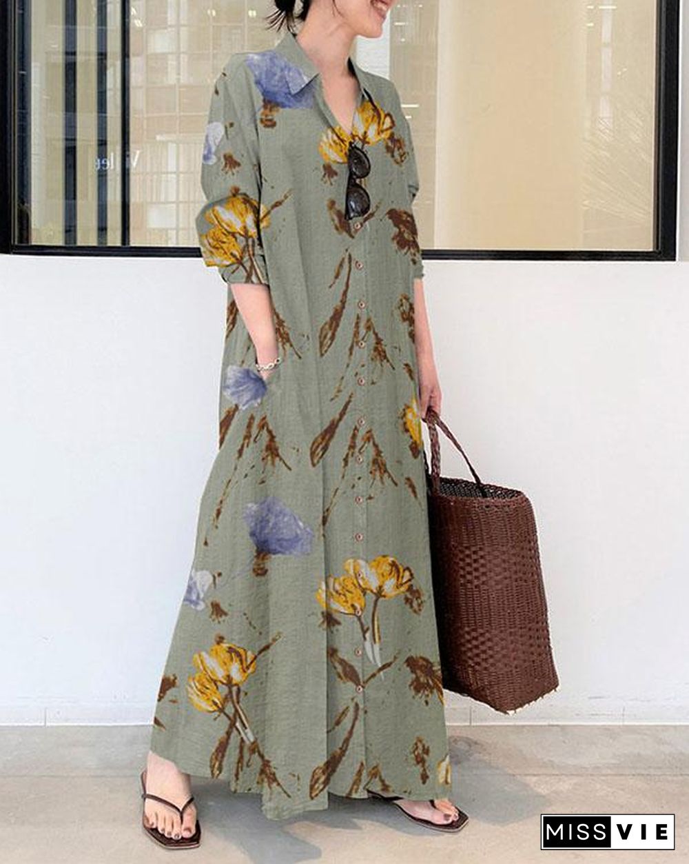 Women Floral Print Loose Linen Maxi Dresses