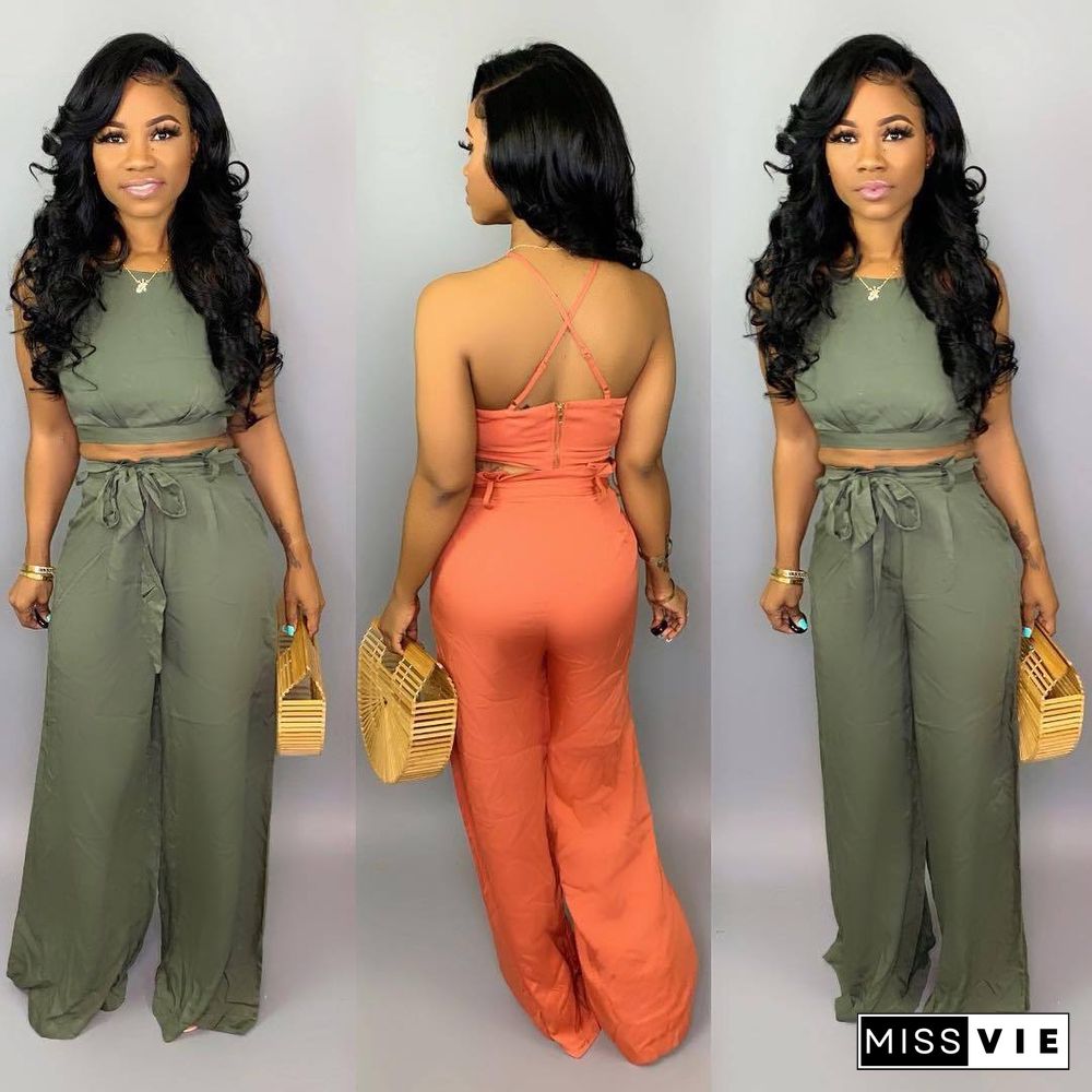 Sexy Backless Sleeveless Loose Pants Set Two Pieces