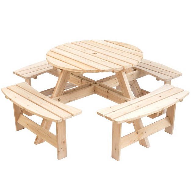 Gardenised Wooden Outdoor Patio Garden Round Picnic Table With Bench 8 Person Natural