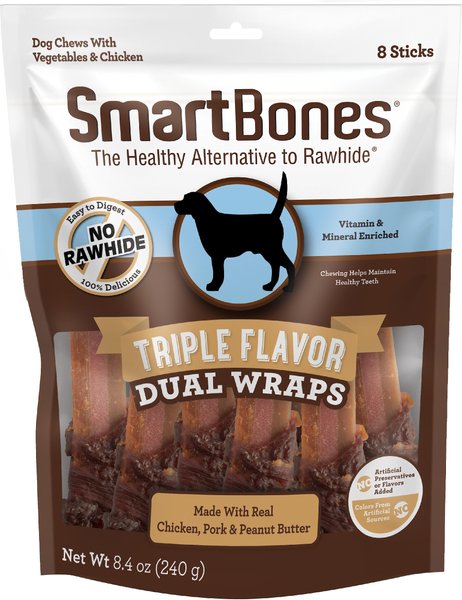 SmartBones Triple Flavor Dual Wraps Real Chicken， Pork and Peanut Butter Dog Treats， 8 count