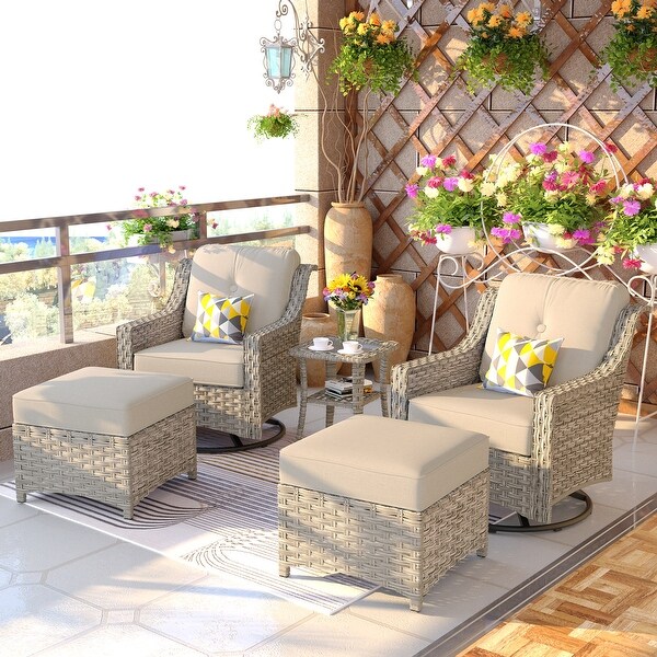 OVIOS 5 Pieces Outdoor Wicker Curved Swivel Chair Set With Ottoman