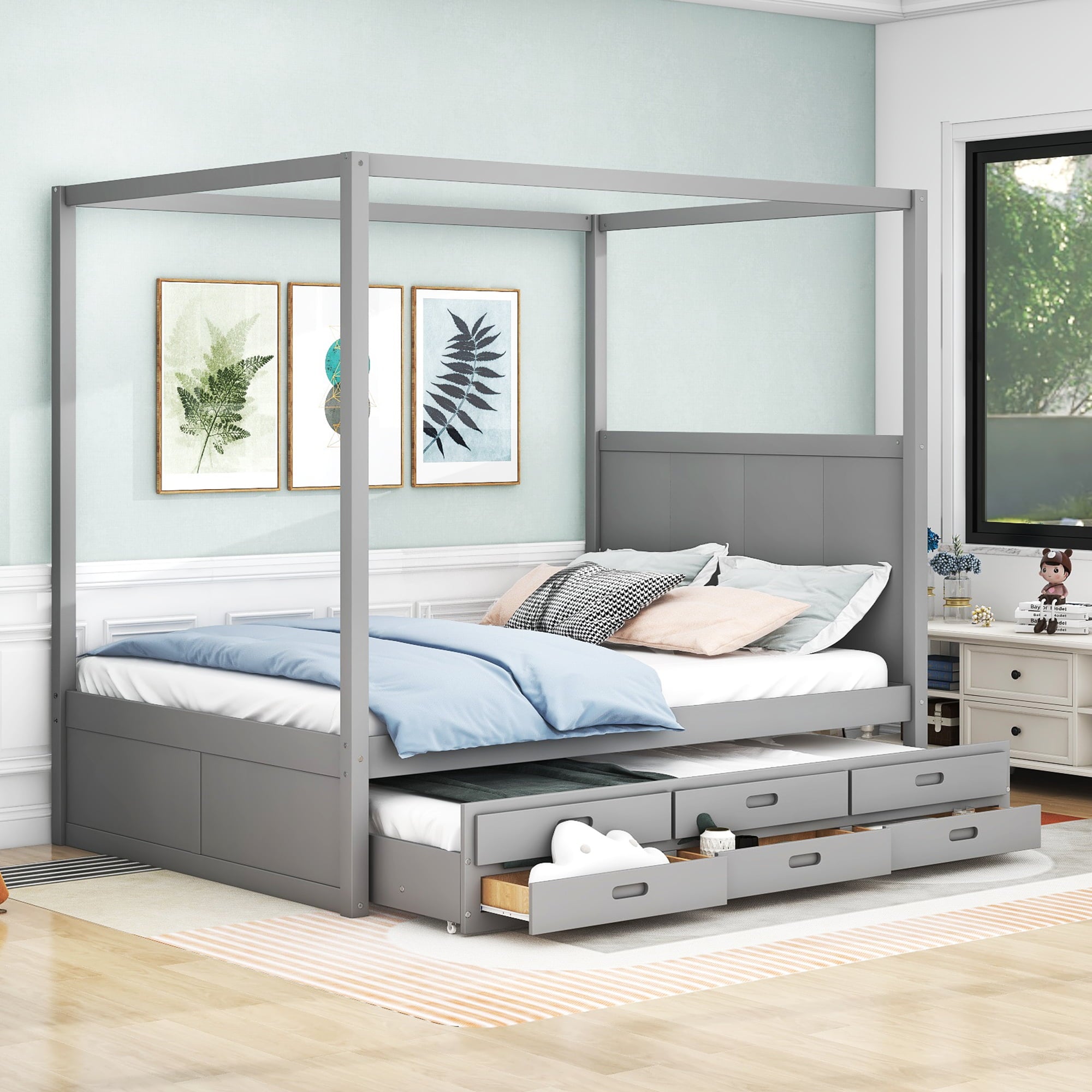 EUROCO Queen Size Canopy Platform Bed with Trundle and Drawers, Gray