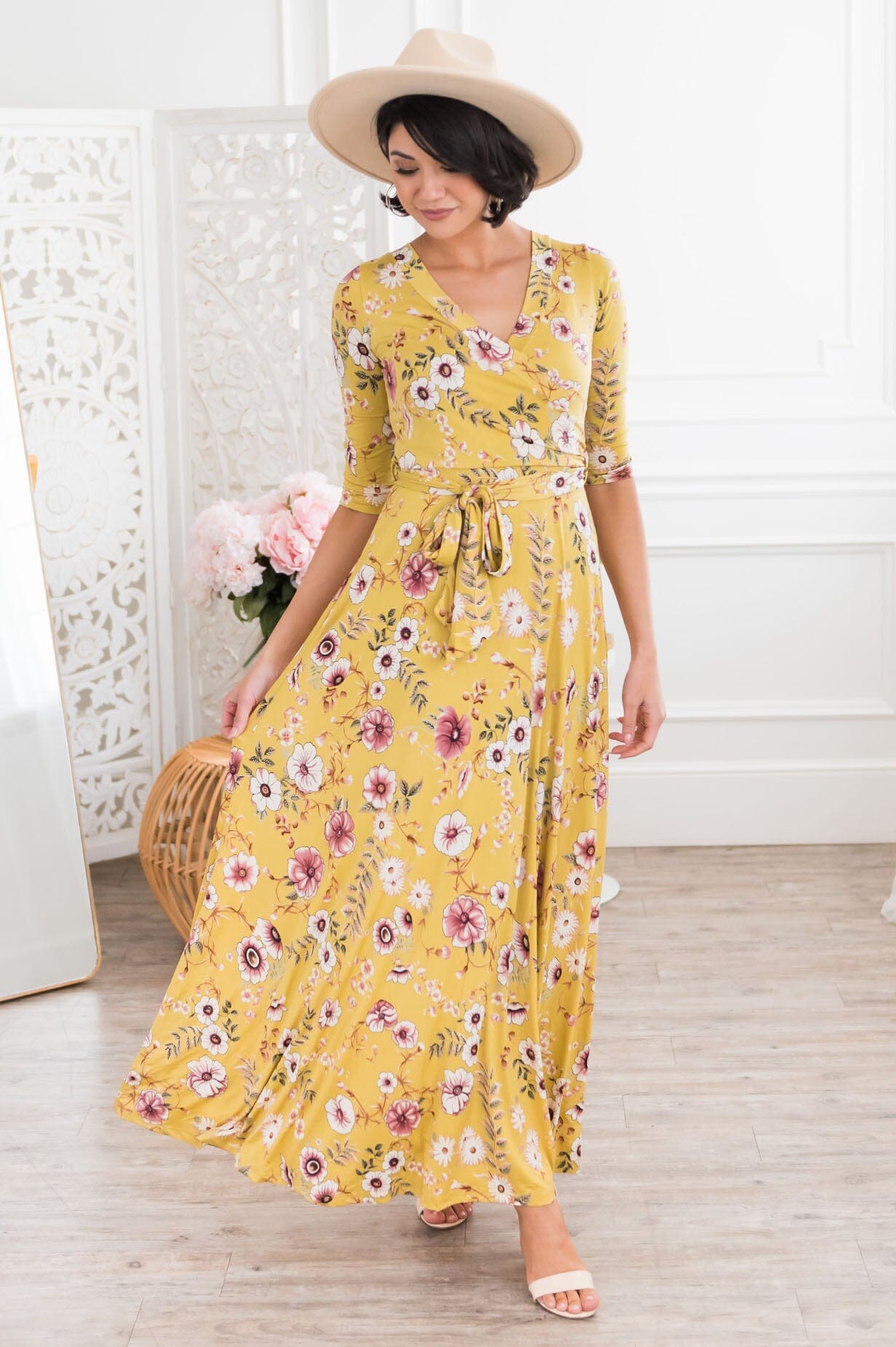 Crystal honey mustard floral plain dress