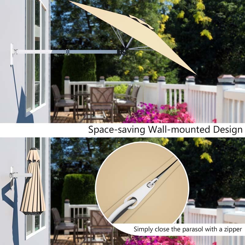 8 FT Patio Wall Mounted Umbrella with Adjustable Pole, Outdoor Tilting Sunshade Umbrella with Wind Vent