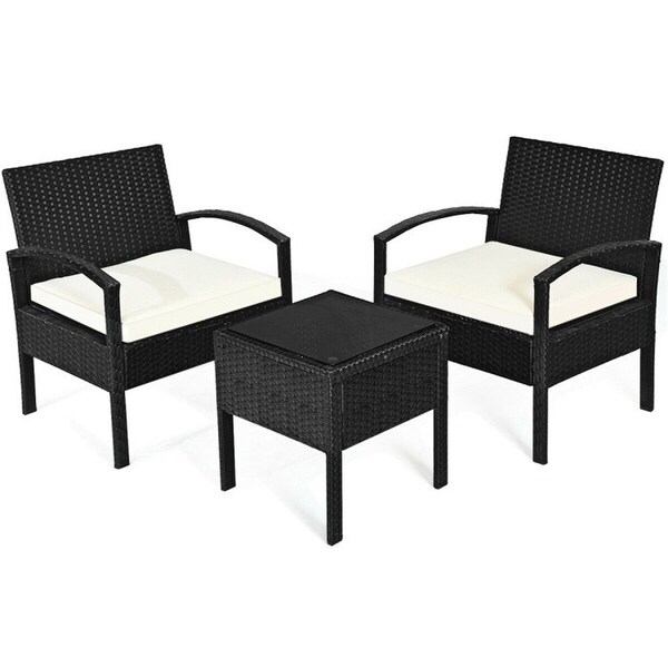 3 Pieces Outdoor Rattan Patio Conversation Set with Seat Cushions -  - 37563811