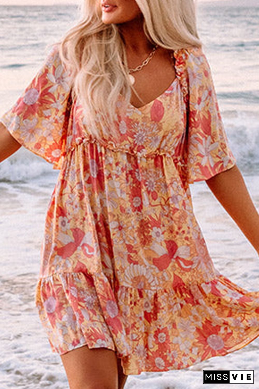 Orange Wide Flutter Sleeve Floral Dress