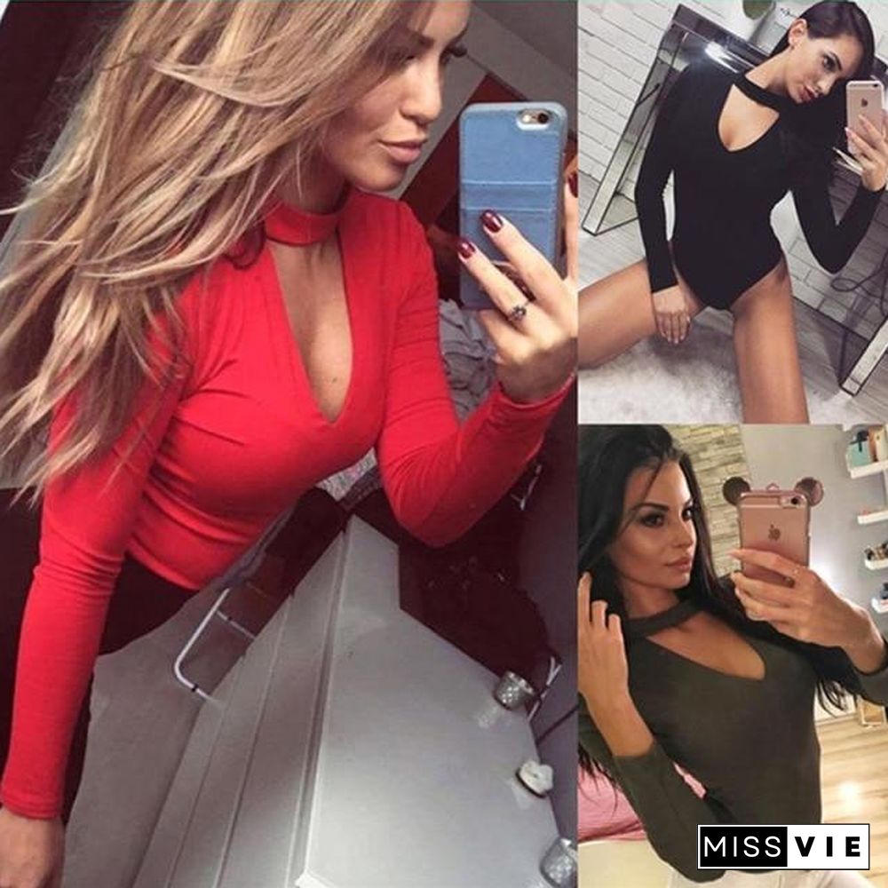 Sexy Womens Long Sleeve Bodysuit Choker Romper Deep V Neck Bodycon Body Suit One Piece Fitness Overalls For Women P10015