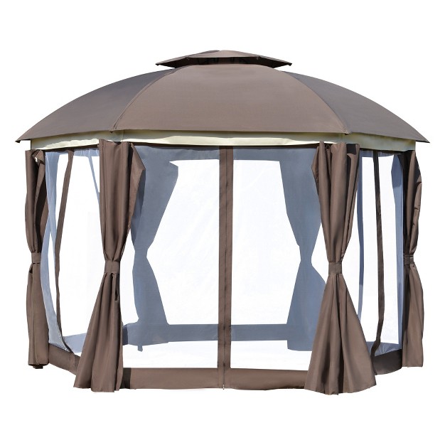 Outsunny 12 x27 X 12 x27 Round Outdoor Gazebo Patio Dome Gazebo Canopy Shelter With Double Roof Netting Sidewalls And Curtains Zippered Doors Strong Steel Frame