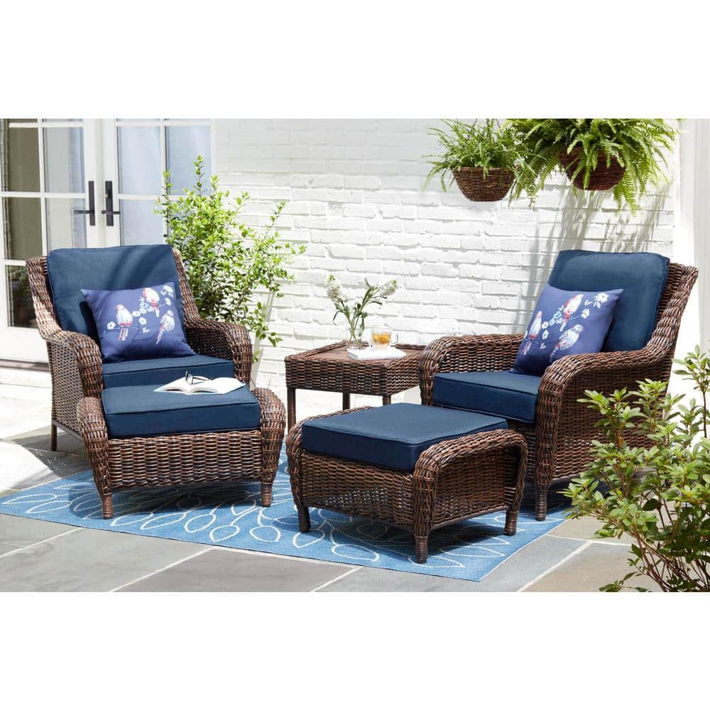 Hampton Bay Cambridge Brown Wicker Outdoor Patio Ottoman with CushionGuard Midnight Navy Blue Cushions 65-17148B2