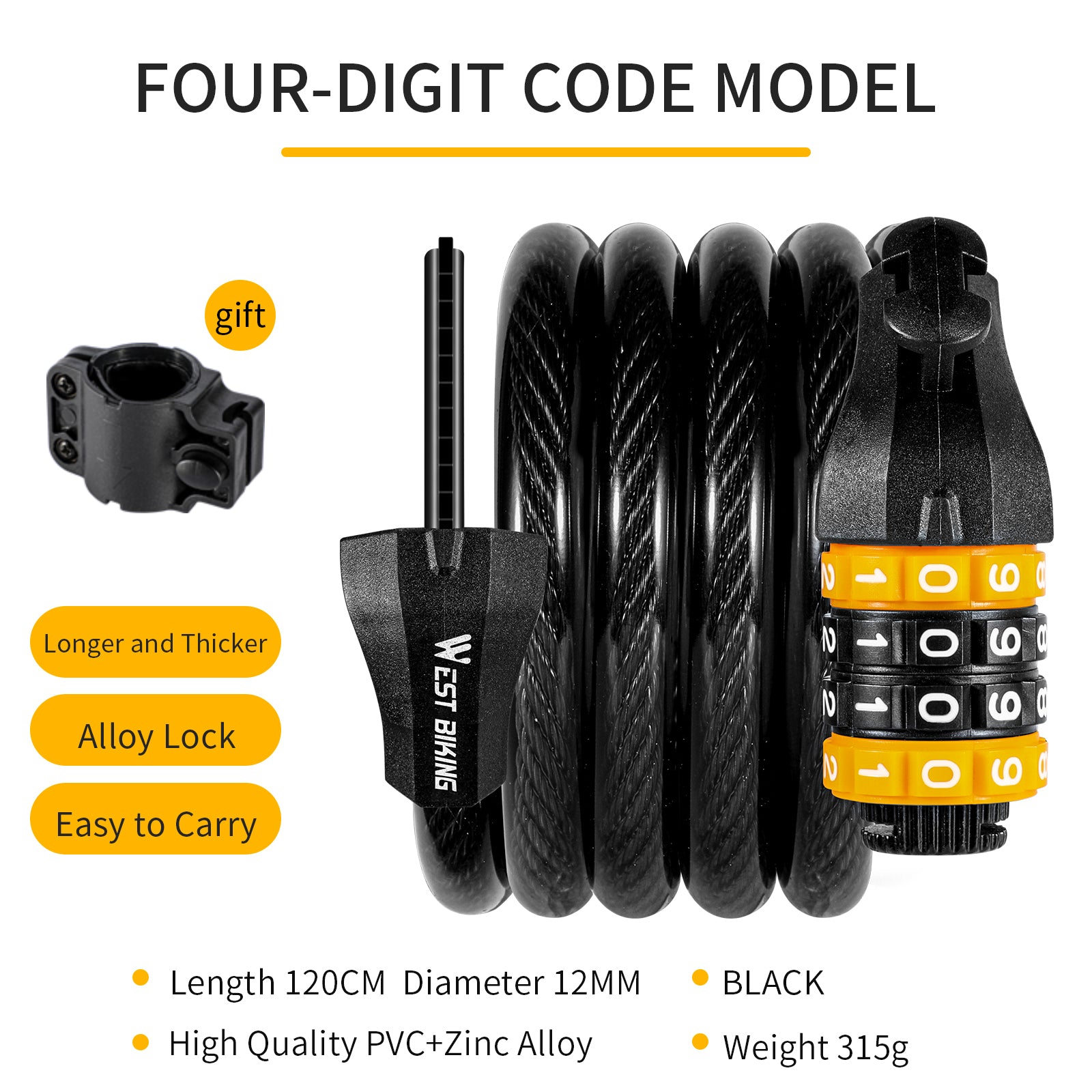 WEST BIKING 1.2M Bicycle 4-Digit Chain Lock 12mm Bike Cable Combo Lock， Black