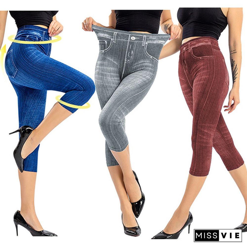 New Womens Skinny Jeans High Waist Slim Short Leggings Denim Stretchy Jeggings Seamless Yoga Pants