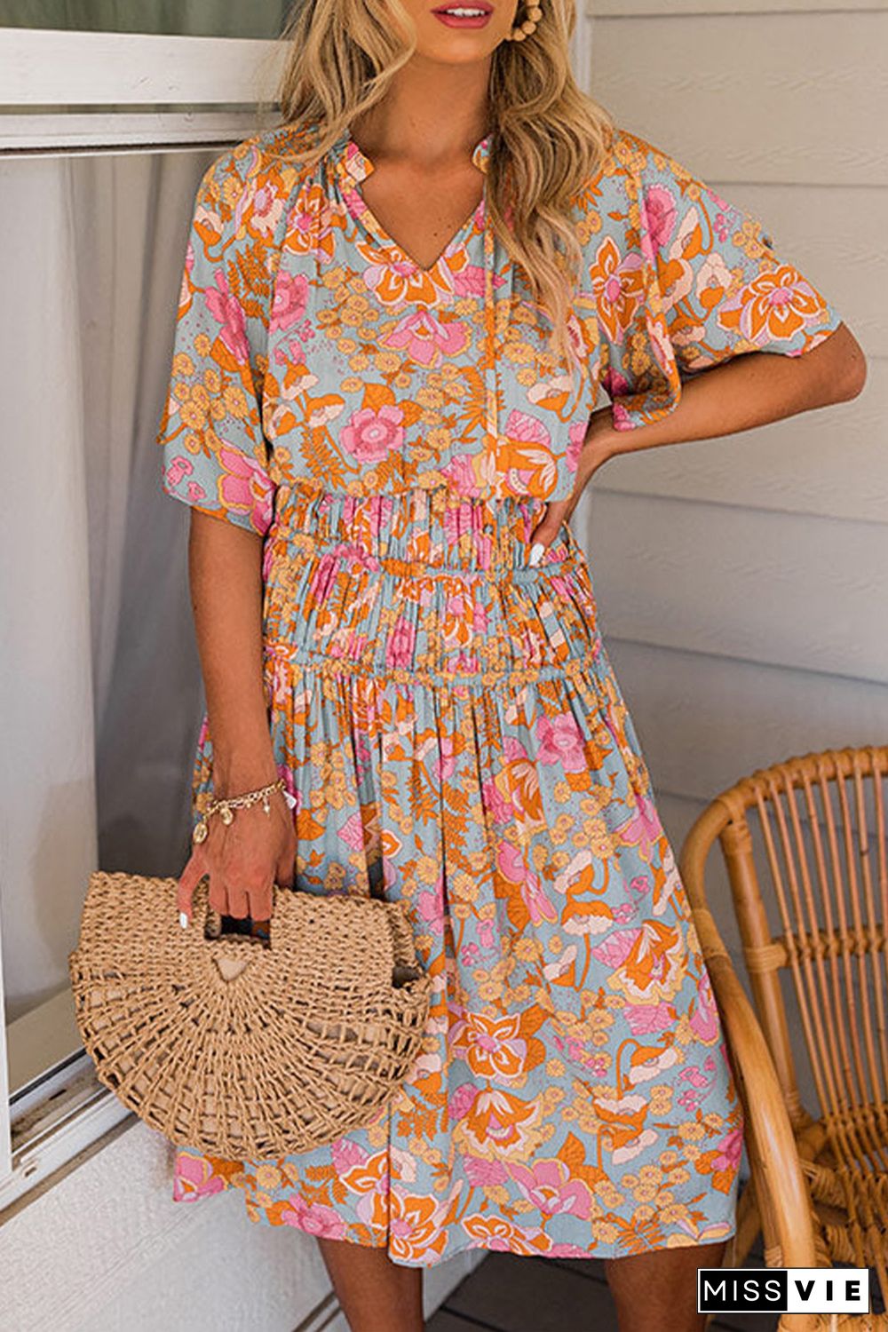 Boho Wide Sleeve Smocked Waist Floral Dress