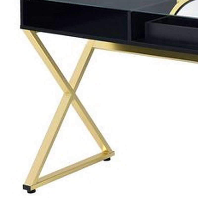 Vanity Desk with Round Mirror and Cross Metal Legs， Black and Gold