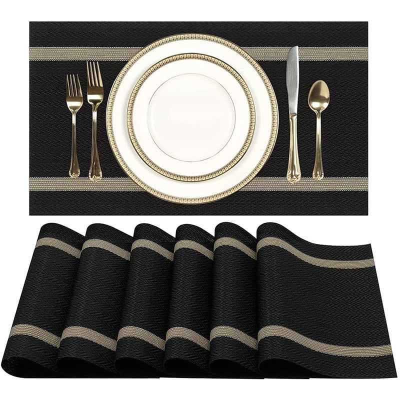 Placemats Set of 6， Heat Insulation Resistant Placemat for Dining Table Washable PVC Stripes Kitchen Table Mats-Black