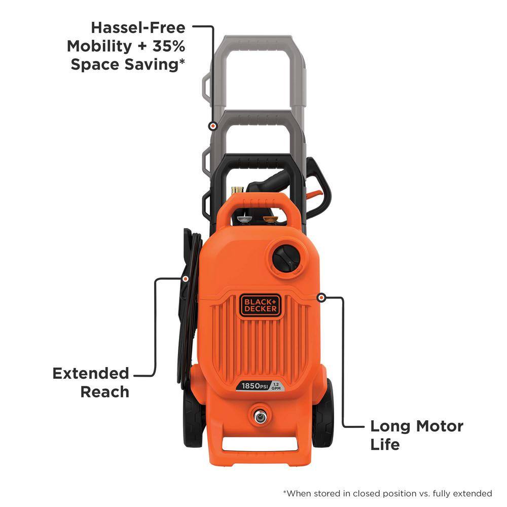 BLACK+DECKER 1850 PSI 1.2 GPM Cold Water Electric Pressure Washer with Integrated Wand and Hose Storage BEPW1850