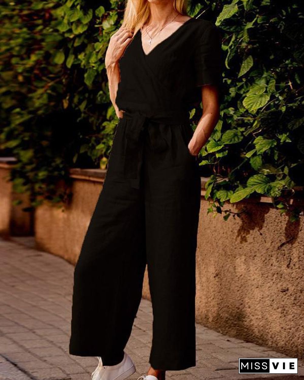 Paneled Solid Cross Front V-neck Casual Jumpsuit