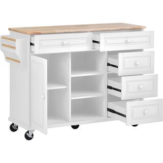 Runesay White Kitchen Island Cart Rubber Wood Desktop Rolling Mobile with Adjustable Shelves Storage and 5-Drawer KIWH-11193