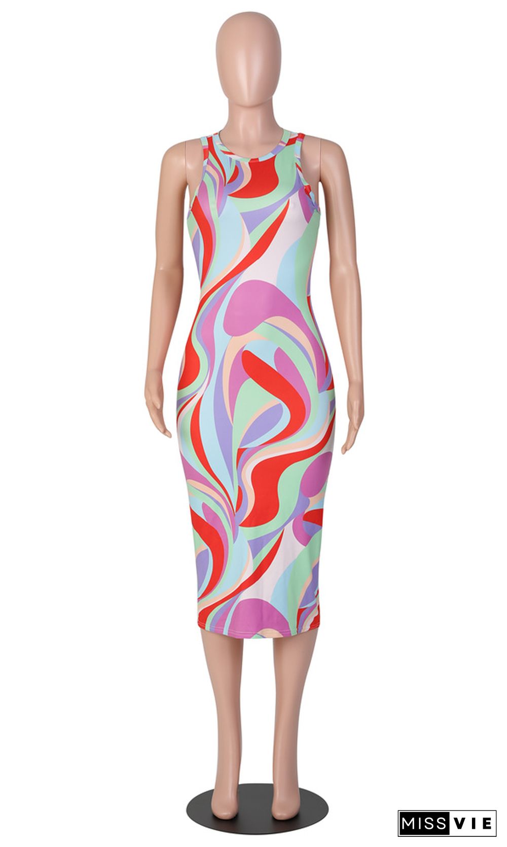 Aesthetic Print O-Neck Sleeveless Skinny Dresses