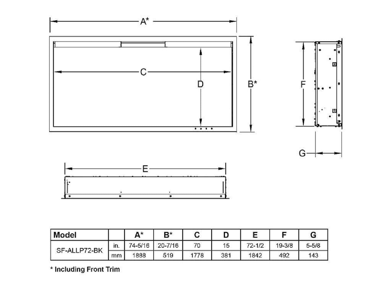 SimpliFire 72 inch Allusion Platinum Wall Mount Linear Electric Fireplace - Black, SF-ALLP72-BK