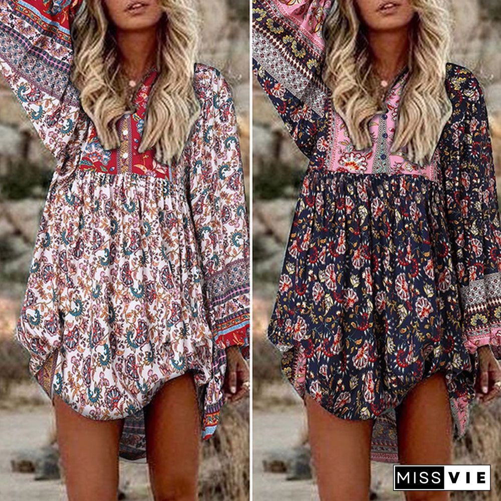 ZANZEA Women Fashion Long Sleeve Floral Print Mini Dresses Bohemian Beach A Line Sundress Robe Vestidos