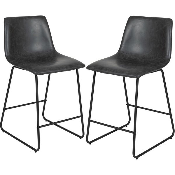 Modern Grey Bonded Leather with Metal Sled Base Counter Height Dining Stools