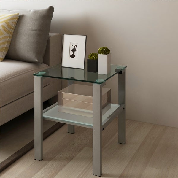 Two Layers Glass Side Table with Glass Tabletop and Metal Legs