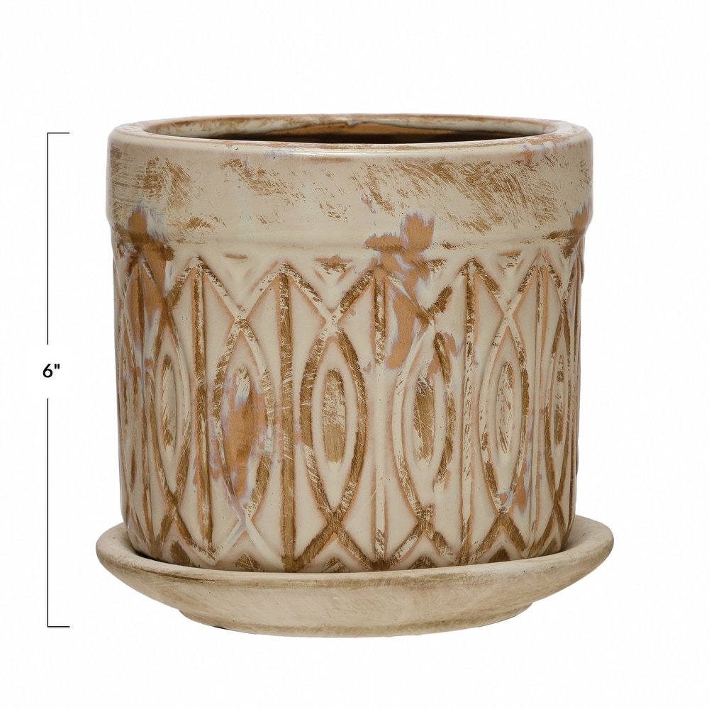 Debossed Terra cotta Planter with Patterns  Saucer  and Distressed Finish