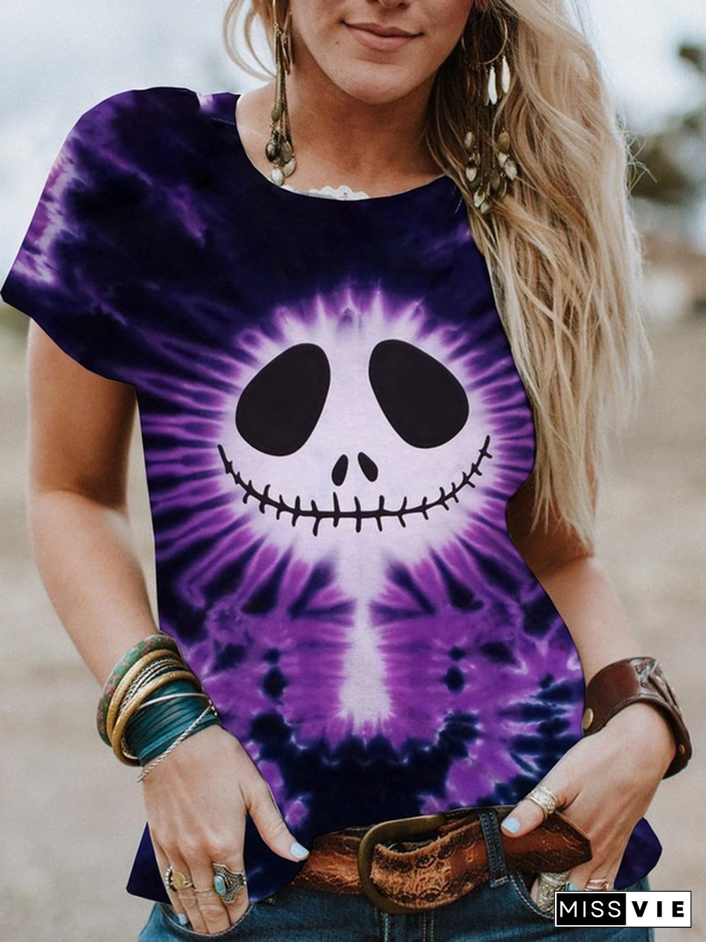 Halloween Tie-dye Grimace Print Short-sleeved T-shirt