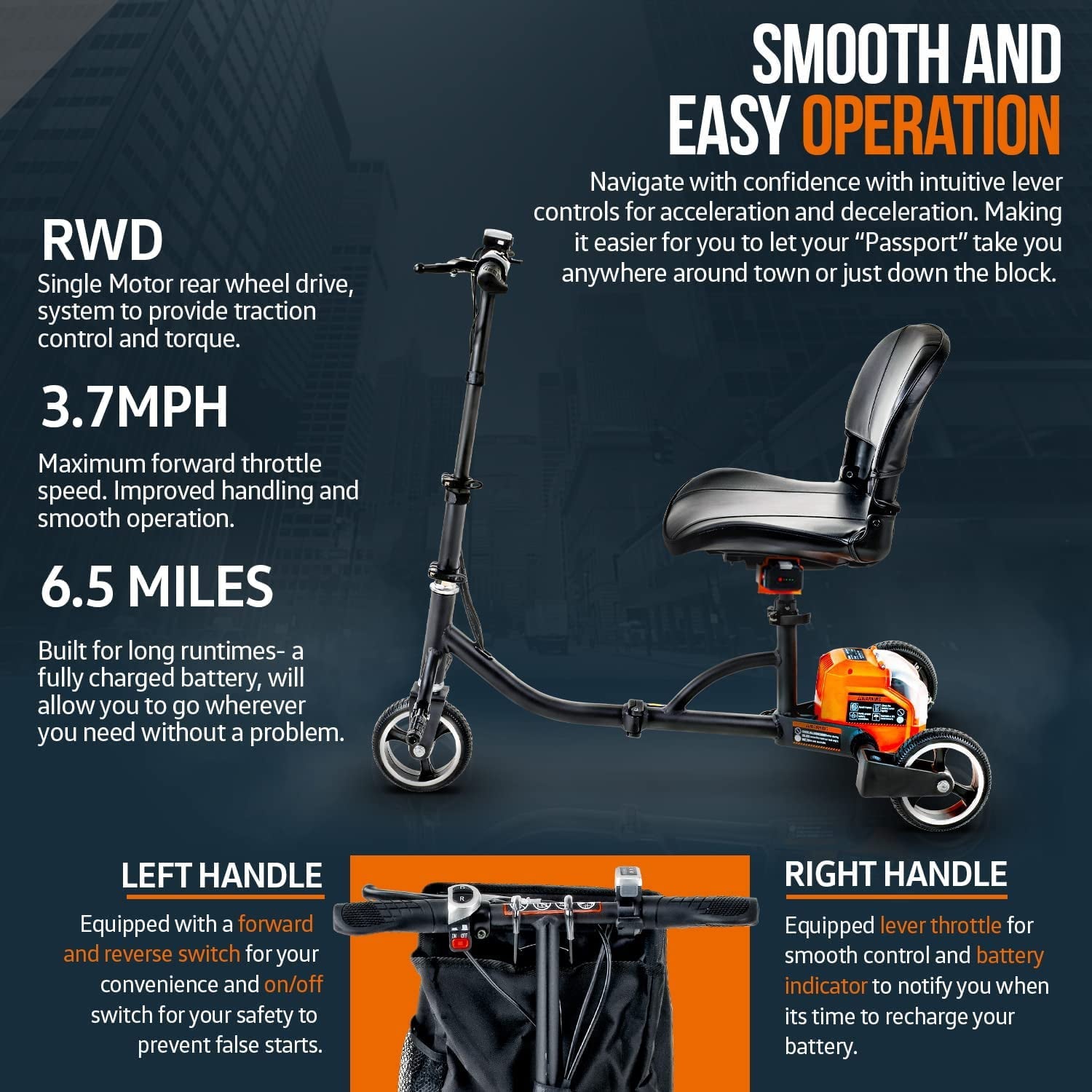 SuperHandy Mobility Scooter 3-Wheel Folding - Lightweight, Long Range, 48V 2Ah Battery System