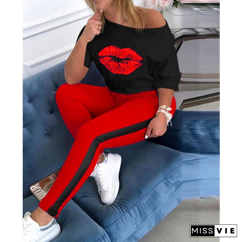 Women Lip Print Top & Colorblock Striped Pant Sets Casual Short Sleeve Loose Off Shoulder Tops+ Leggings Women's Fashion Sport Suit Tracksuit Sportwear Two Piece Sets Outfit Playsuit