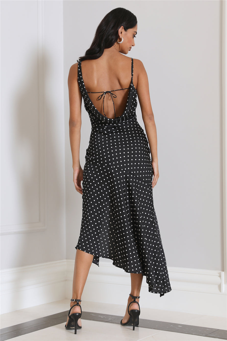 HELLO MOLLY Dotted Moment Satin Polka Dot Midi Dress Black