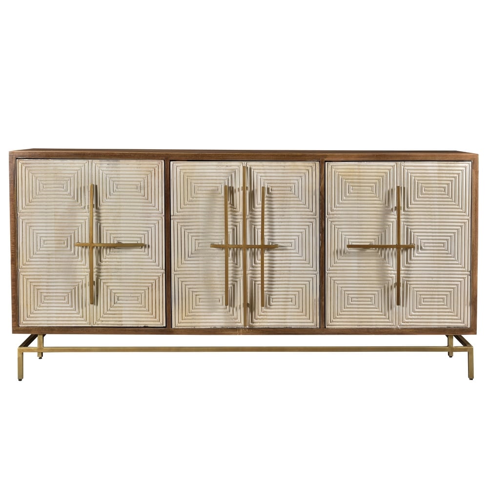 ura White   Natural Mango Wood 3 Door Sideboard w Gold Hardware   69\